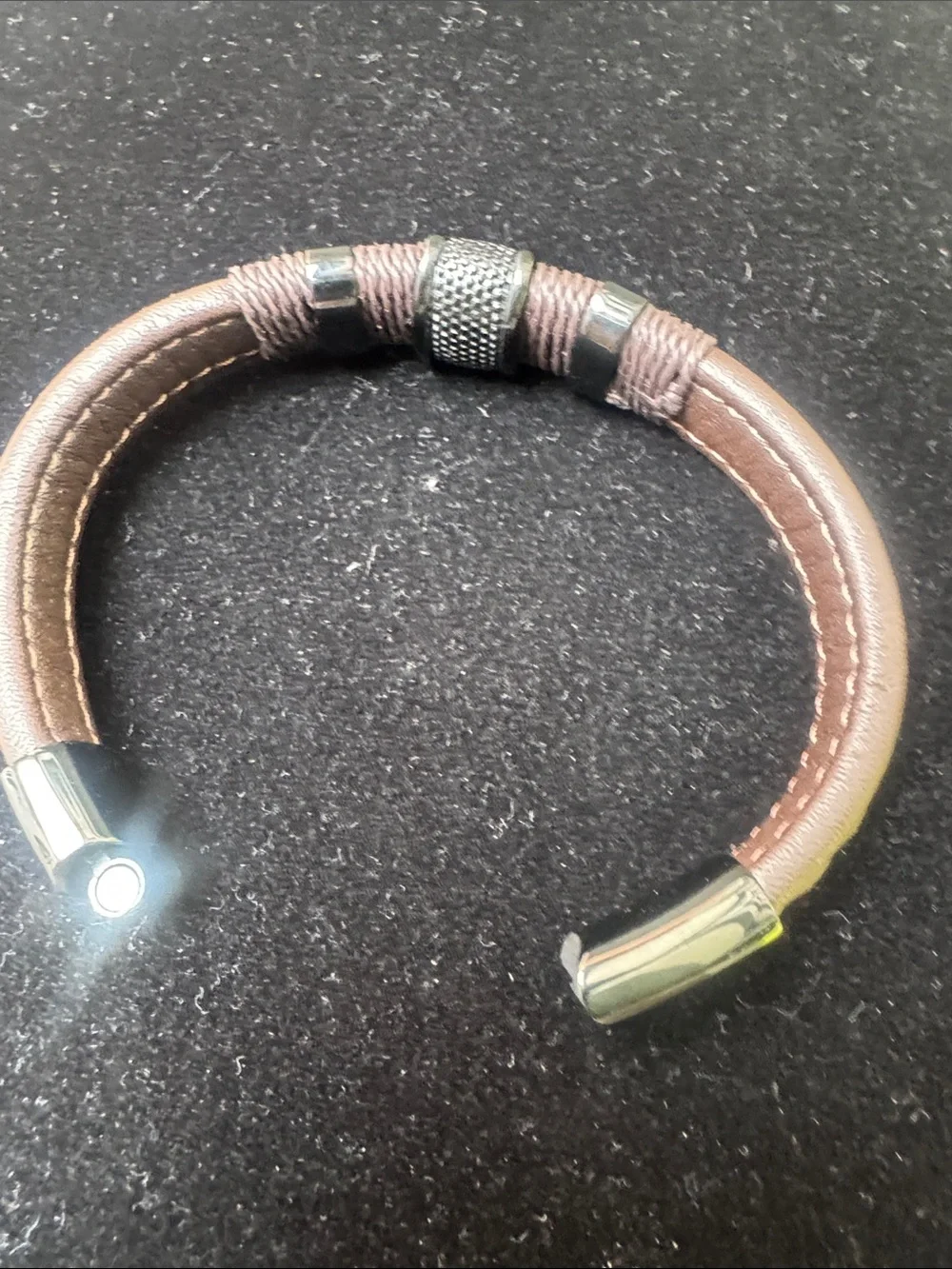 Unisex Brown Braided Leather Bracelet with Polished Gunmetal Clasp
